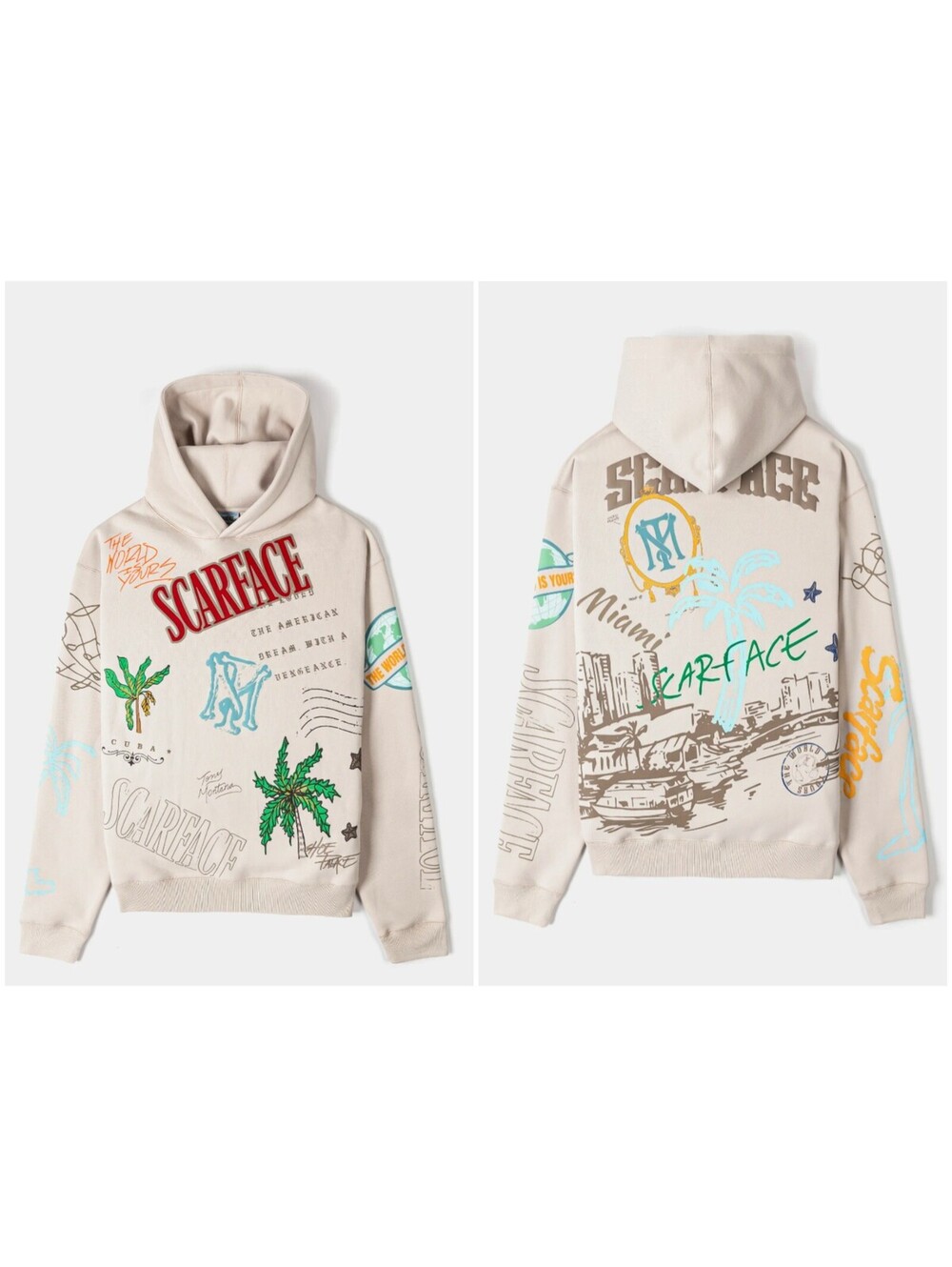 Scarface X SP Postcard Fleece Hoodie Mens Size Large L Graphic Beige Collab New